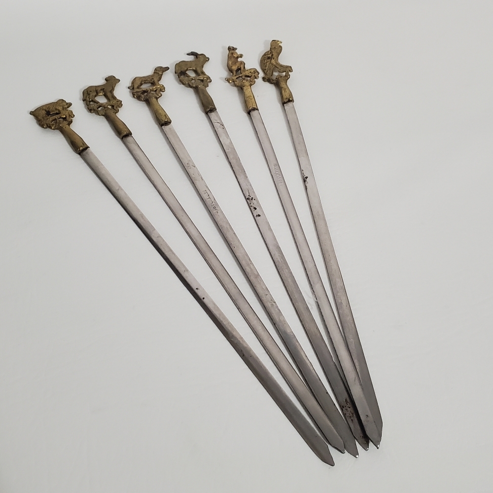 Set of Six Decorative Stainless Skewers with Brass Animals Inoxidable